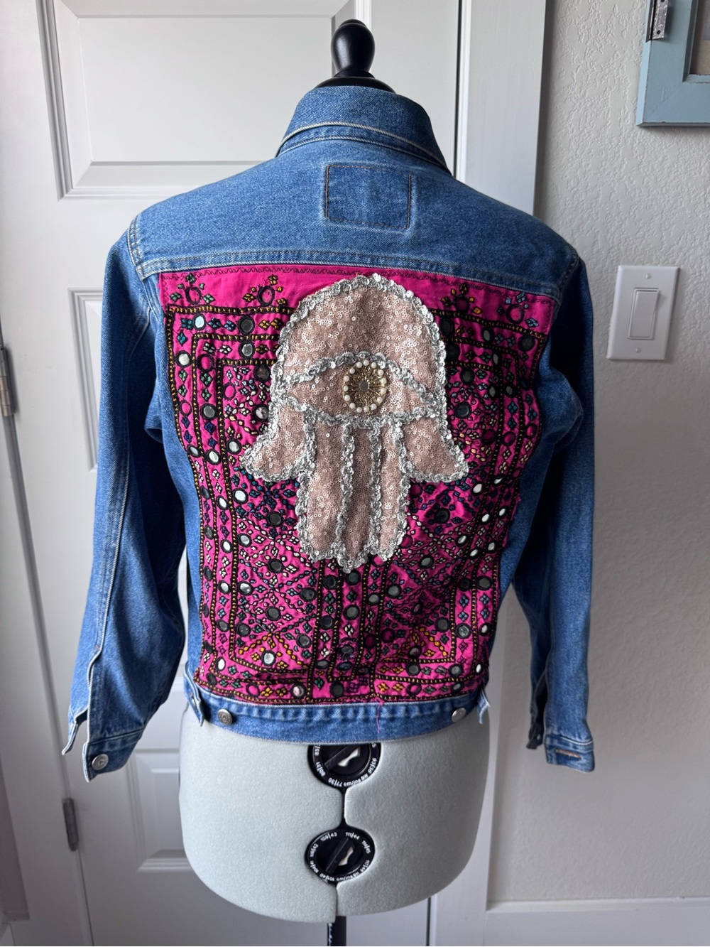 Vintage Arizona Jean Company Blue Denim Jacket with Pink Embellished Back Panel
